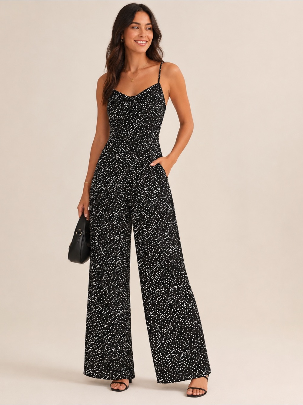New Look Tall Black & White Spotted Wide-Leg Jumpsuit – US Size 8